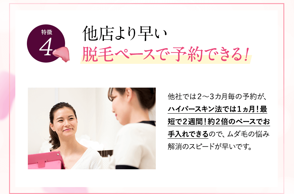 特徴④他店より早い脱毛ペースで予約。他社では２～３カ月毎の予約が、ハイパースキン法では１ヵ月！最短で２週間！約２倍のペースでお手入れできるので、ムダ毛の悩み解消のスピードが早いです。